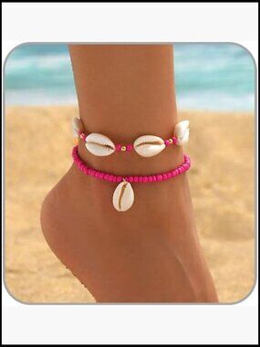 Starfish Shell Anklet Bracelet Stretchy Rice Beads Bohemian Surf Beach Summer